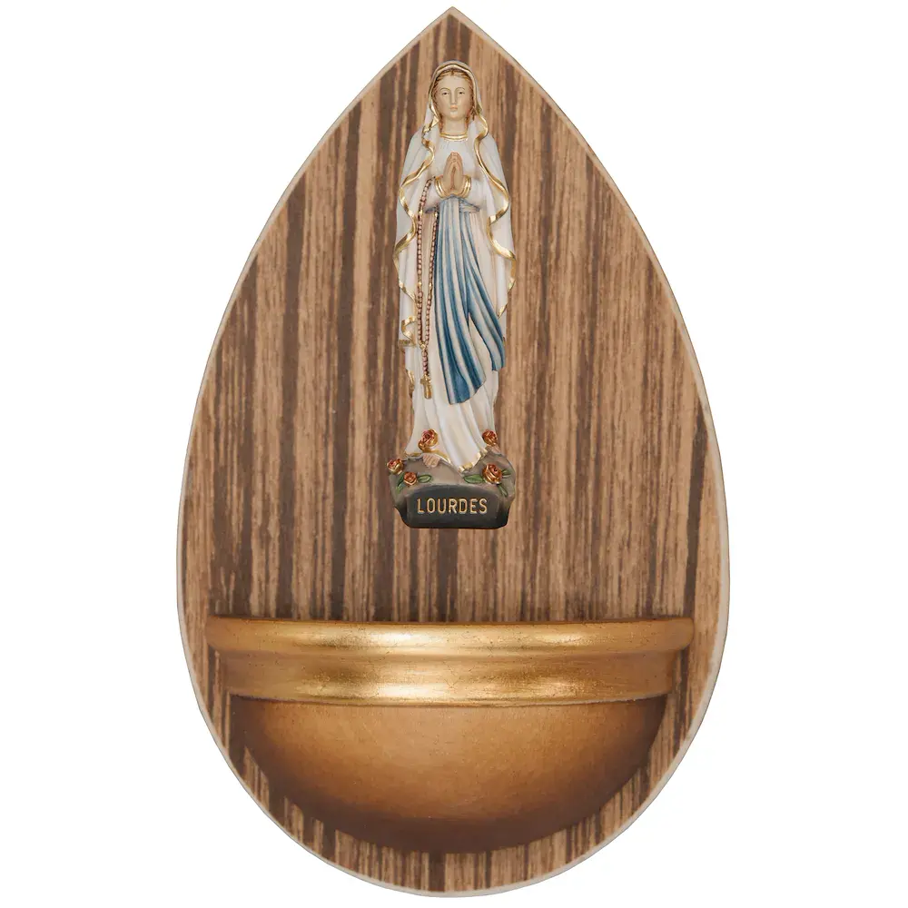 Aquasantiera in legno con Madonna di Lourdes