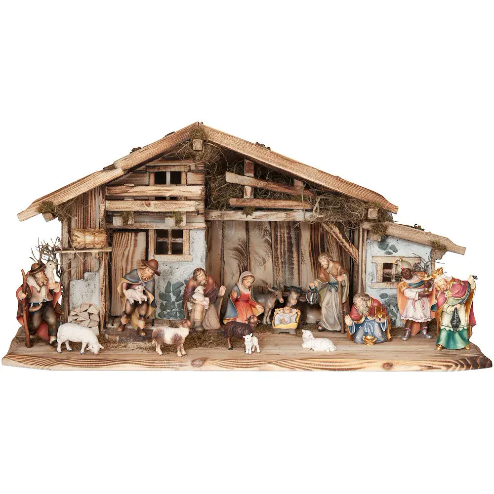 Krippenstall Seiser Alm mit 17 Betlehem Figuren