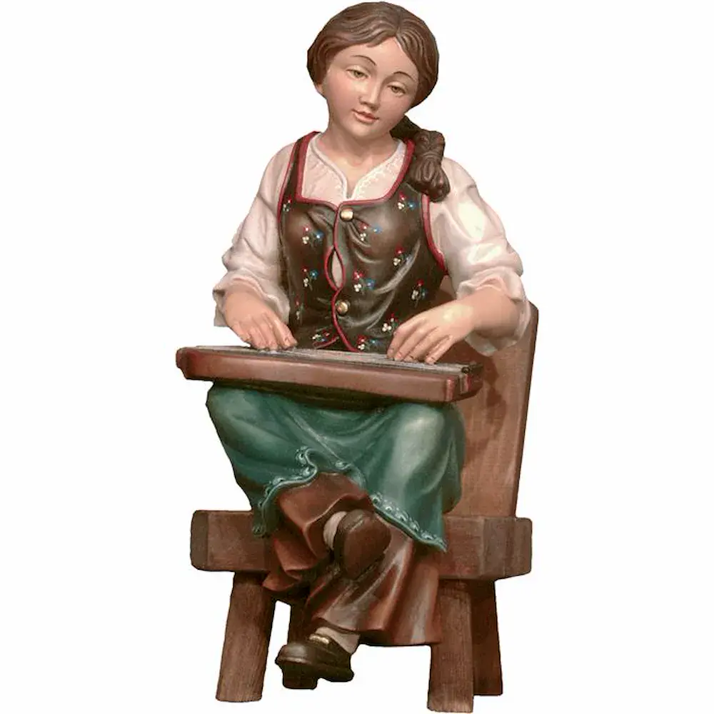Zither player seated on chair
