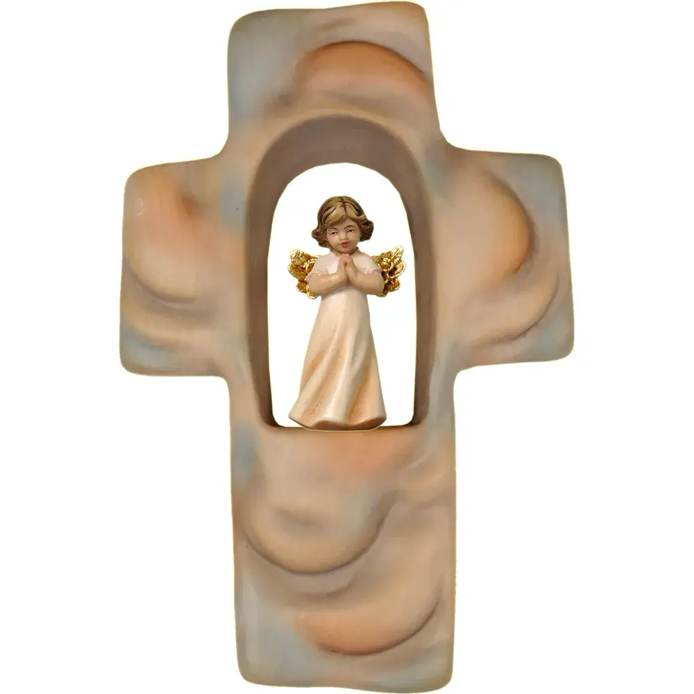 Cross with clouds and  praying angel in wood