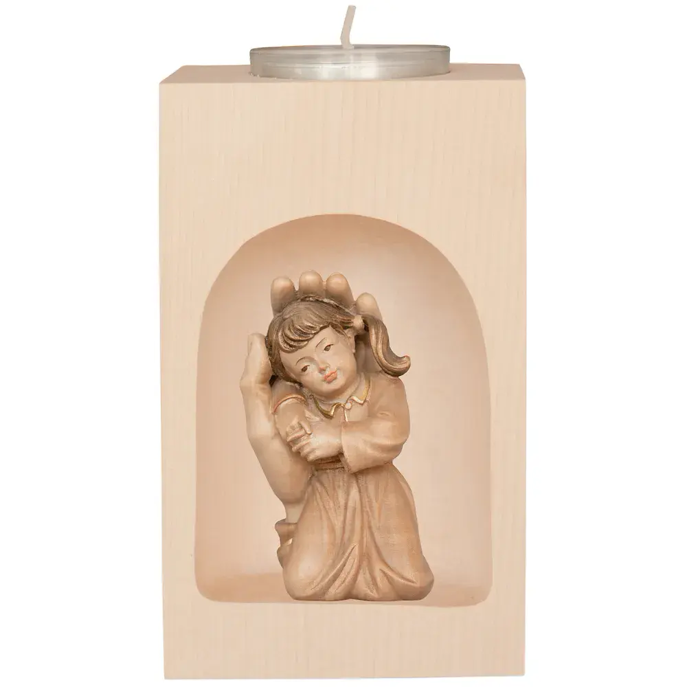 Girl protected in God's hand in a niche