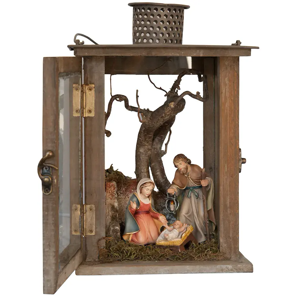 Holzlanterne Led mit Hl. Fami. Bethlehem 10cm