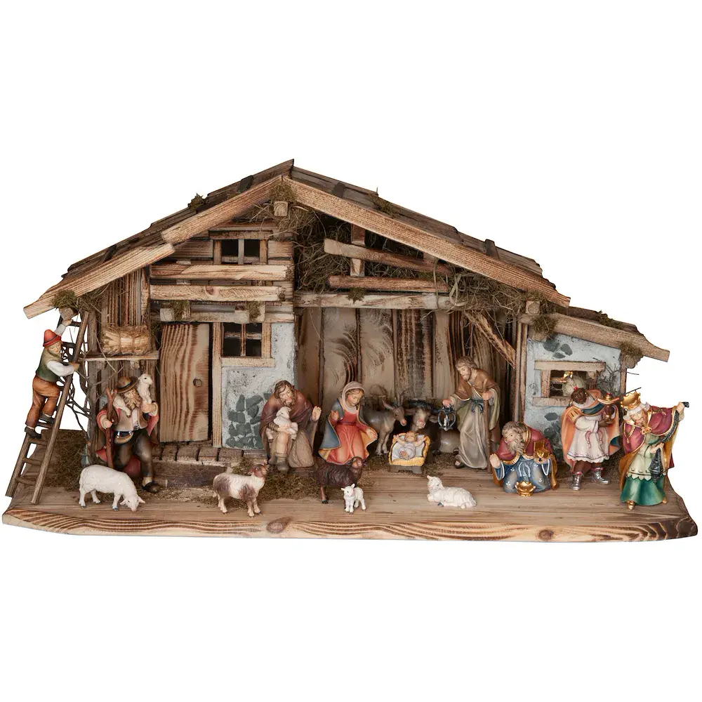 Krippenstall Seiser Alm mit 17 Betlehem Figuren