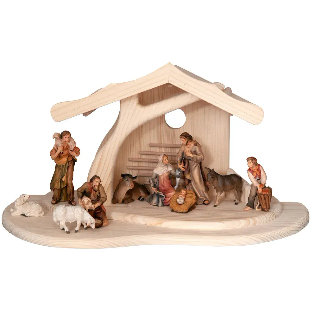 Modern Stable with 11 Salcher Nativity Figurines