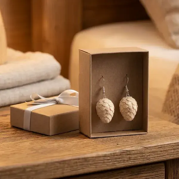 Swiss pine cone earrings in box