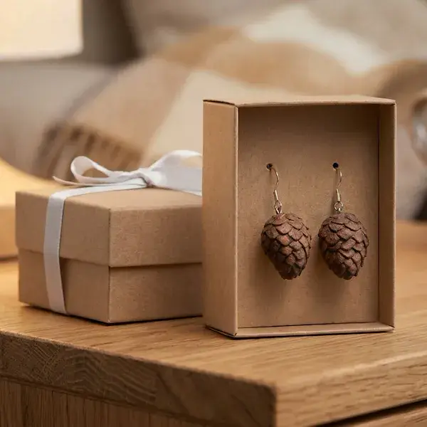 Swiss pine cone earrings in box