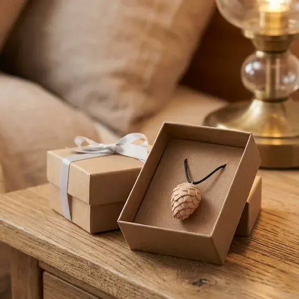Swiss pine cone necklace in box
